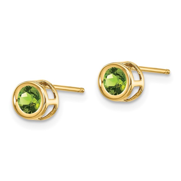 14k Yellow Gold 4mm Bezel August/Peridot August Birthstone Post Earrings - Picture 2 of 4